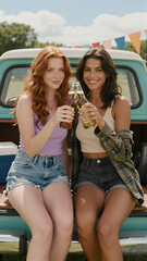 Friends Toasting in a Vintage Truck Bed