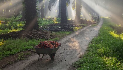 Golden light illuminates the path in the oil palm plantation