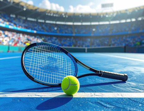 Tennis racket & ball on blue court, stadium crowd background