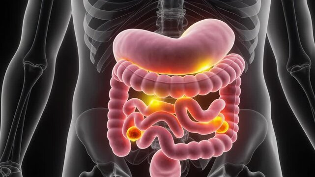 3D Render of Human Digestive System with Appendix Lymphoid Tissue Highlighted