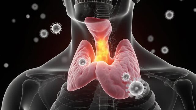 Animated human tonsils fighting viruses, medical illustration
