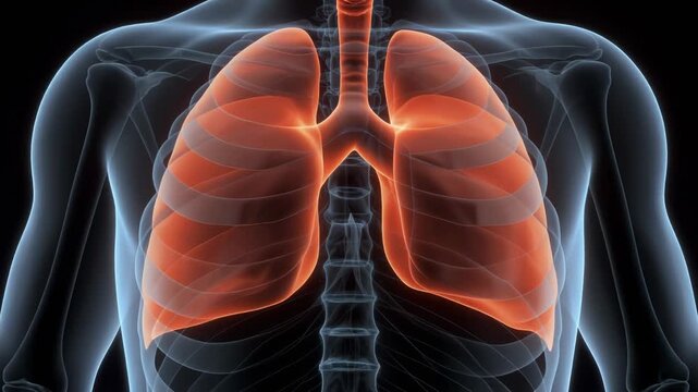 3D animation of human lungs and respiratory system in pleural cavity