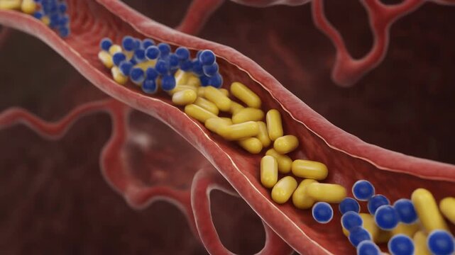 Microscopic view of lipoproteins transporting cholesterol within a blood vessel.