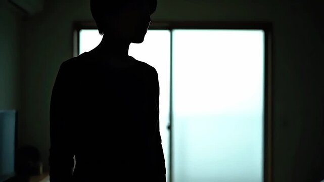 Mysterious silhouette of an individual standing by a window, gazing at the bright light, evoking feelings of contemplation and the unknown future