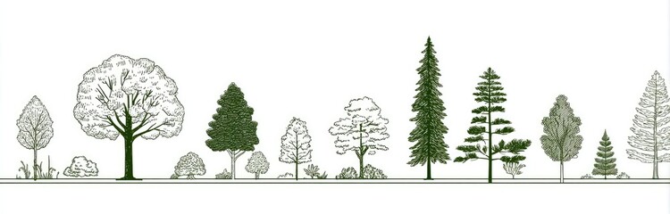 Line of sketched trees, various sizes, species, and shapes on light ground