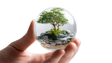 A small green seedling and a symbolic glass globe held in human hands represent a sustainable business concept for environmental protection and ecology growth