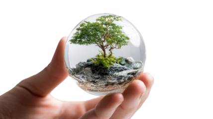 A small green seedling and a symbolic glass globe held in human hands represent a sustainable business concept for environmental protection and ecology growth