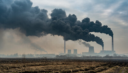 Environmental education background, industrial smokestacks producing air pollution, copy space for awareness message, realistic style