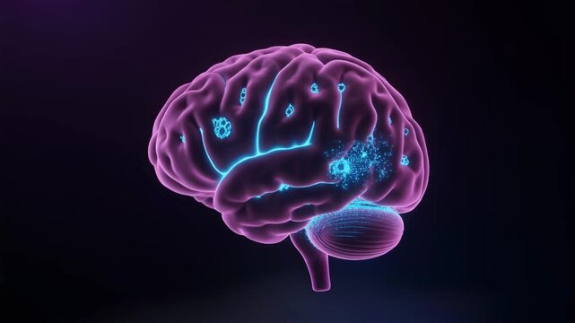 3D animation of a human brain with glowing pineal gland and neural activity, slow rotation