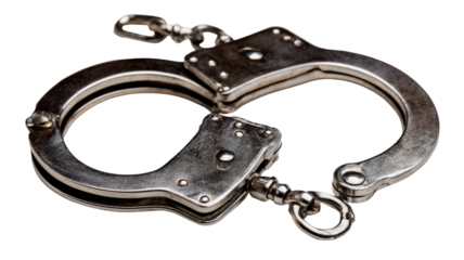 Steel handcuffs and a metal key are isolated on a white background as a symbol of police law enforcement, criminal justice, and the security of a prisoner in jail