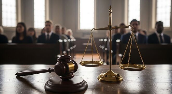 Justice in Focus - Gavel and Scales in Courtroom Setting.