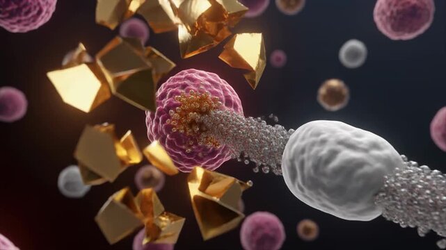 Microscopic view of a natural killer cell attacking a tumor cell with surrounding debris
