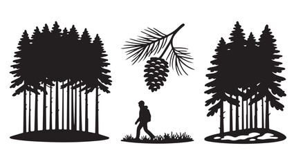 Hiker Walking Between Pine Forests with Pinecone Silhouette