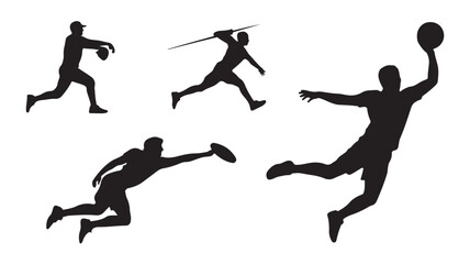 Black Silhouettes of Men Playing Basketball, Baseball, Soccer and and Fencing on White Background