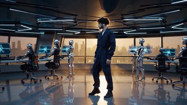 Woman walks through futuristic office with robot workers. Businesswoman in office with AI robots at computers. Woman leader walks among robot workforce in modern office space at sunset.