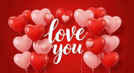 A vibrant collection of red and pink heartshaped balloons arranged in a decorative arch, with the words love you written in elegant script in the center, set against a solid red background