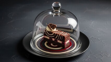 Gourmet slice of chocolate zebra cake served under a glass cloche on a dark plate with sauce, presented elegantly on a dark background
