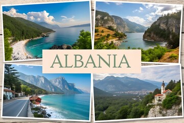 Albanian landscape nature travel tourism destination Europe vacation advertising promotion scenic countryside mountains travel objects journey Balkan tourism marketing design poster background
