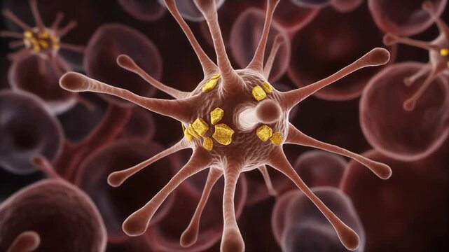 Microscopic view of dendritic cell presenting antigens to surrounding red blood cells