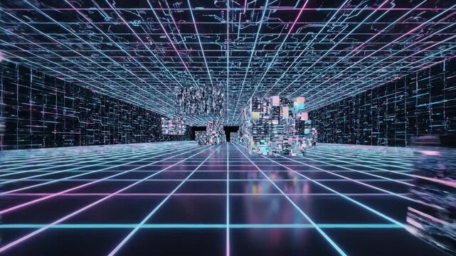 AI data flow in virtual grid room with holographic cubes and interface. AI concept.