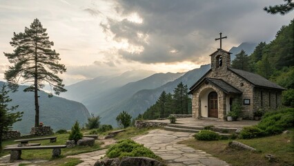 church in the mountains, mountains with a stone cross, serene and peaceful surroundings, spiritual and natural