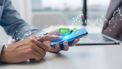 Person analyzing stock market trends on mobile device in a modern office setting