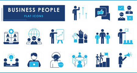 A set of flat icons related to Business People. Businessman, trade, plan, unit, team, workers, and so on.
