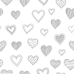 Hand drawn hearts in various patterns on white background
