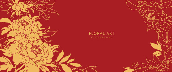Luxury red Chinese floral background with hand drawn golden peonies. Vector design template for card, wall poster, business card, flyer, banner, wedding invitation, cover