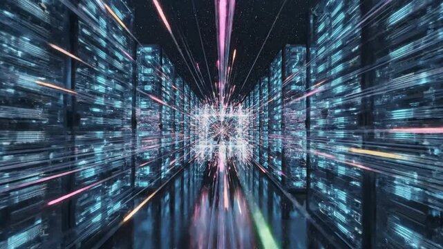 Abstract digital data stream tunnel with glowing energy vortex and light streaks.