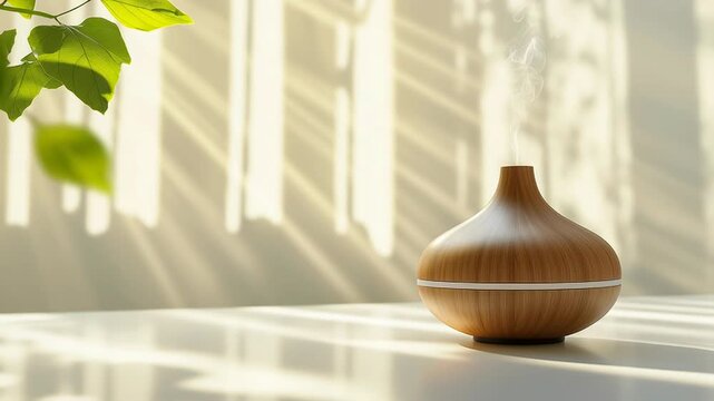 Elegant wooden essential oil diffuser emitting steam in a bright, serene setting
