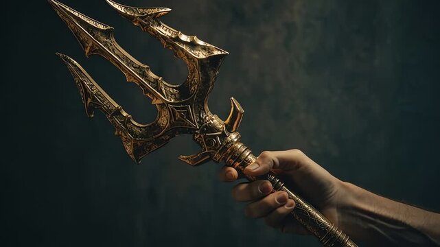 A hand holding a golden, ornate trident against a dark background.
