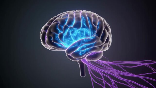 3D Human Brain Anatomy with Glowing Limbic System and Neural Connections