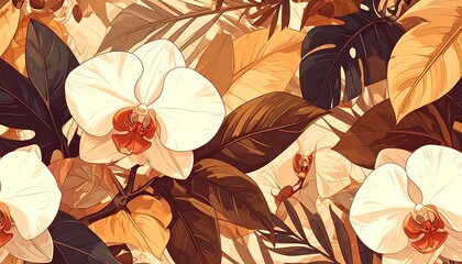 Tropical floral background. White orchids are surrounded by large brown & gold stylized leaves