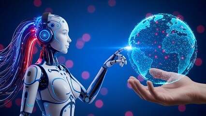 Advanced female android wearing headphones interacts with a glowing digital globe held aloft by a human hand