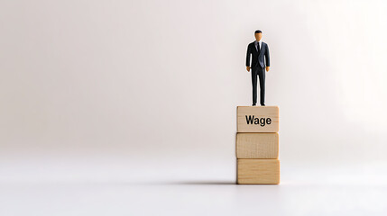 A miniature business figure atop stacked wooden blocks, symbolizing career growth. The word "Wage" on the top block highlights the financial aspect of progression. Clean and simple.