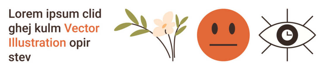 Fototapeta premium Branding, design projects, emotions, awareness, nature, visual communication. Features text, simple floral branch neutral face emotion and stylized eye with a clock icon. Emotions and awareness