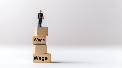 Conceptual image depicting wage growth with a miniature figure standing atop wooden blocks labeled "wage", symbolizing career advancement and financial improvement.