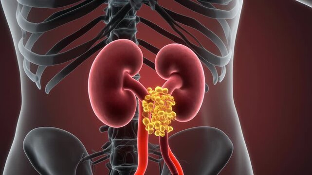 Anatomical animation of human kidneys and nephrons filtering blood.
