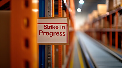 A warehouse with a sign that reads 'Strike in Progress'. The scene conveys workplace conflict and potential labor issues within a distribution or storage environment. Automation, industrial action.