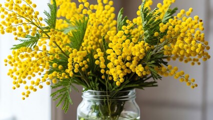 Obraz premium Yellow mimosa flowers in glass jar