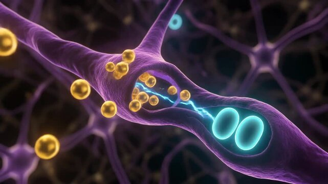 Microscopic view of a neuron synapse with neurotransmitter release and signal transmission.