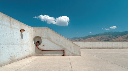 Concrete wall with rusted piping, blue sky, and one fluffy cloud