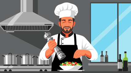 Chef grinding pepper onto salad, a professional cooking illustration vector for food preparation and culinary art