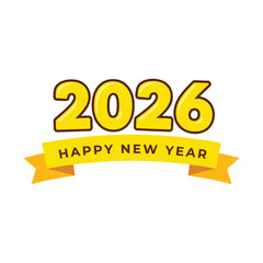 Happy New Year 2026" festive cartoon illustration with a vibrant yellow ribbon banner, perfect for future celebration graphics, cards, and seasonal greetings