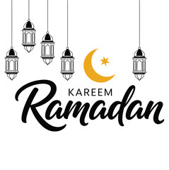Elegant Ramadan Kareem Calligraphy with Festive Lanterns and Crescent Moon Design for Islamic Holy Month Celebrations and Greetings
