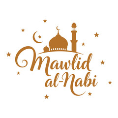 Festive Islamic religious celebration design with elegant mosque silhouette, crescent moon, and stars, perfect for commemorating the Prophet's birth anniversary