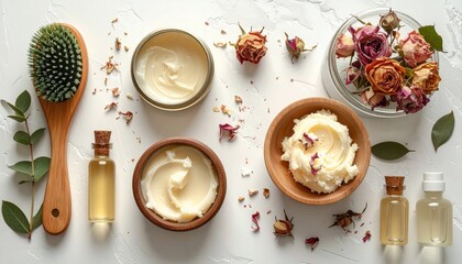 Overhead shot of natural beauty products with dried roses on a white surface