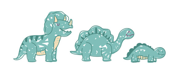 Cute Triceratops and Stegosaurus draw, set of dinosaurs with tail and big body mass. Vector isolated smiling wild animals or reptiles. Dino spinosaurus, cartoon characters of prehistorical fauna © Sensvector