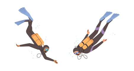 Snorkeling and scuba diving. Vector cartoon personages wearing swimming suits and fins, tanks with oxygen to breathe underwater. Leisure summer activity and active lifestyle by seaside